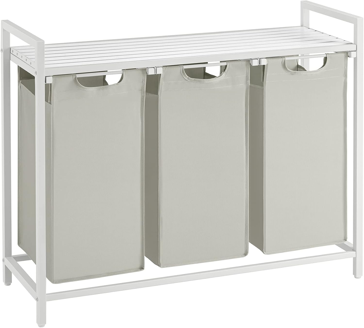 Çamaşır Sepeti 3 Bölmeli, Raflı Çamaşır Torbası, Çamaşır Kutusu, Kumaştan Uzatılabilir Çamaşır Torbası, Metal Çerçeve, 3 x 38 L, 92,5 x 33 x 72 cm, Beyaz BLH301W01