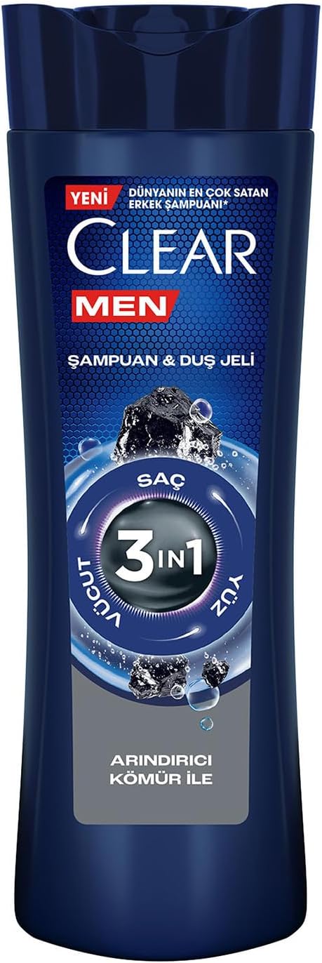 Clear Men 3 in 1 Şampuan & Duş Jeli Arındırıcı Kömür Saç Yüz Vücut İçin