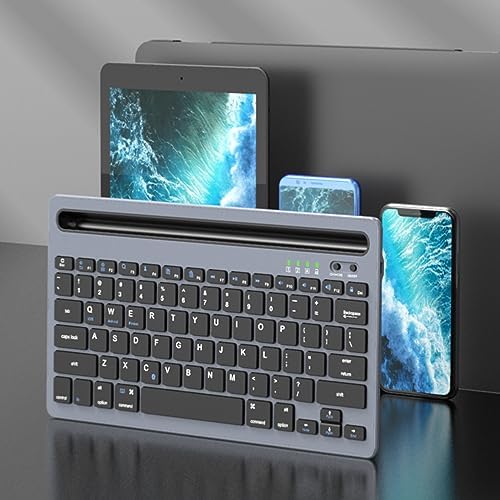 BK100 Kablosuz Bluetooth Şarj Edilebilir, Çoklu Cihaz ile Uyumlu, Telefon/Tablet Tutucu Kart Yuvası, Akıllı Uyku Modlu, 40 Saat Çalışma, 78 Tuş, Kompakt Ultra İnce QWERTY Türkçe Q Klavye Gri