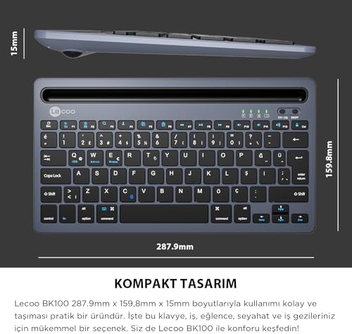 Alternative view of BK100 Kablosuz Bluetooth Şarj Edilebilir, Çoklu Cihaz ile Uyumlu, Telefon/Tablet Tutucu Kart Yuvası, Akıllı Uyku Modlu, 40 Saat Çalışma, 78 Tuş, Kompakt Ultra İnce QWERTY Türkçe Q Klavye Gri