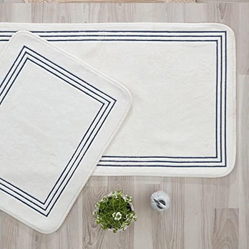 Zen Çizgi Nakışlı 2'li (60 x 100 cm) Banyo Paspas Set İndigo