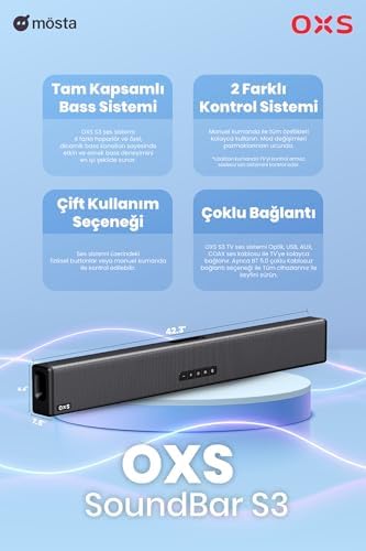 OXS S3 TV Soundbar – Bluetooth 5.0, Dinamik Bas, 3D Surround, Diyalog Geliştirme, AUX/Optik/Koaksiyel Uyumluluk, Çoklu Ses Modları, Duvara Monte Edilebilir