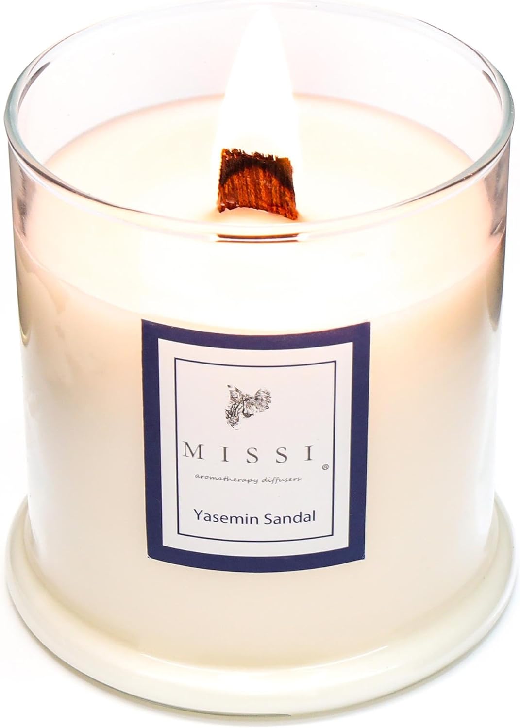Alternative view of Büyük Üfleme Cam Ahşap Fitilli Yasemin Sandal Vegan Mum (380 gr)