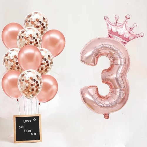 3 Rakam Rose Folyo Balon, Kral Tacı Ve Konfetili Rose Balon