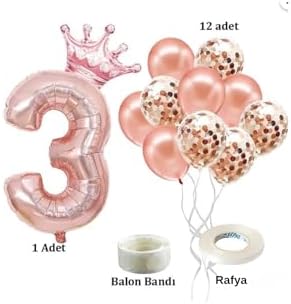 Alternative view of 3 Rakam Rose Folyo Balon, Kral Tacı Ve Konfetili Rose Balon