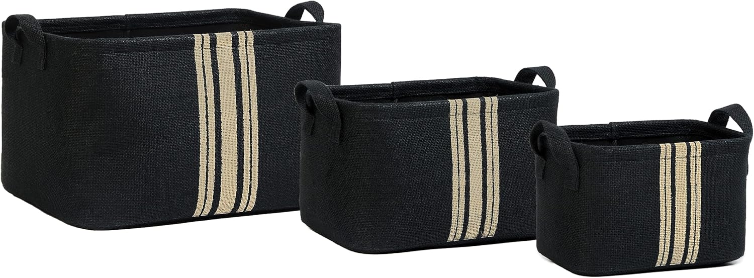 3'lü Çizgili Siyah Renk Jüt Sepet Set 24 x 17 x 14/30 x 21 x 18/42 x 31 x 25 cm