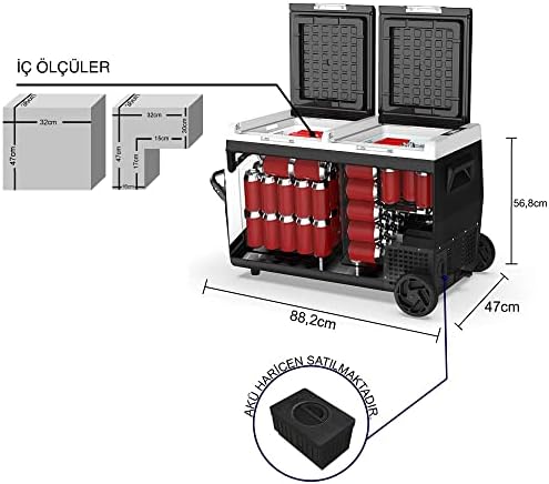 K95D 12/24Volt 95 Litre Akülü/Kablolu/Çift Bölmeli Kompresörlü Tekerlekli Oto Buzdolabı/Dondurucu (Akü Dahil Değildir)