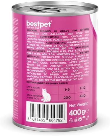Bestpet Yavru Kediler İçin, Taze Tavuk Parça Etli Ve Soslu Yaş Mama, 400 g x 12 Adet