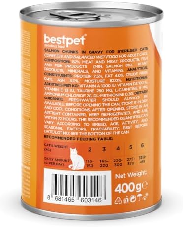 Bestpet Yetişkin Kediler İçin, Taze Somon Parça Etli Ve Soslu Yaş Mama, 400 g x 12 Adet