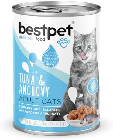 Bestpet Yetişkin Kediler İçin, Taze Ton Balıklı, Taze Hamsi Parça Etli Ve Soslu Yaş Mama, 400 g x 12 Adet