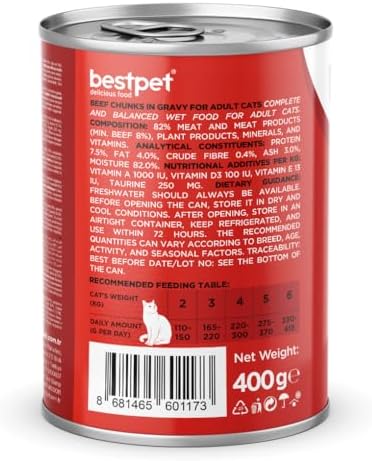 Bestpet Yetişkin Kediler İçin, Taze Sığır Parça Etli Ve Soslu Yaş Mama, 400 Gr x 12 Adet