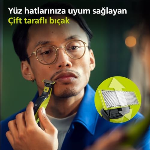OneBlade Yüz için Hibrit Tıraş Makinesi, Sakal Şekillendirici, Islak/Kuru Kullanım, 5’i 1 Arada Ayarlanabilir Tarak,Çift Taraflı Bıçak, 45 Dakika Kablosuz Performans, QP2724/20