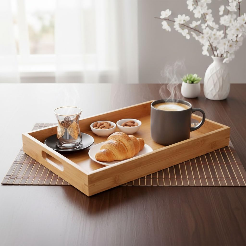 Bambu Dikdörtgen Sunum Tepsi, Bambu Sofra Tepsisi, Çay Tesisi (35cmx25cmx6cm)