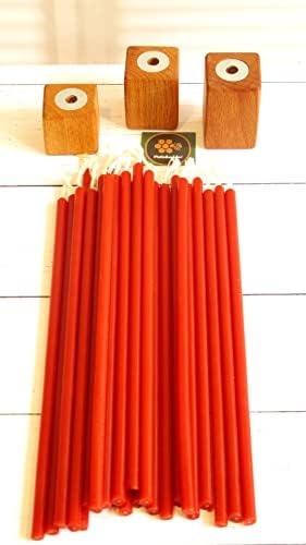(50 Adet) Mum Ve (3 Adet) Özel Dizayn Ahşap Mumluk Dilek Mumu Doğal Petek Mum Tören Parti Doğum Günü Beeswax Candle (Kırmızı)