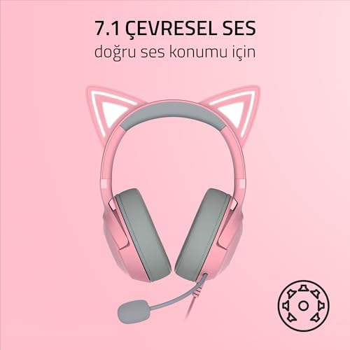 Kraken V2 - Kablolu RGB Kulaklık Kedi Kulaklı (Reaktif Akış Aydınlatması, HyperClear Mikro, TriForce 40 mm Sürücü, 7.1 Surround Ses) Kuvars