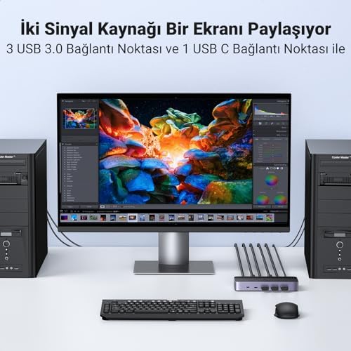 Alternative view of HDMI 2.0 KVM Anahtarı 4K@60Hz USB 3.0 Anahtarı 4 USB Bağlantı Noktası (3*USB 3.0+ USB C) 2 USB Kablosu ve 2 HDMI Kablosu ile 2 PC için 1 Monitör ve Klavye, Fare, Yazıcı, U disk paylaşımı.