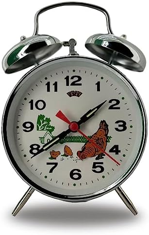 Kurmalı Çift Çanlı Çalar Saat Tavuk ve Çiftlik Desenli Nostalji Masaüstü Saat 11x11x6 cm Ebatlarında Dekoratif Yatak Odası Çocuk ve Genç Odası İçin