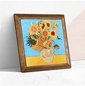 Vincent van Gogh On İki Ayçiçekli Vazo Taş Duvar Tablosu - Ahşap Çerçeveli Taş Tablo - 25x25 cm - Dekoratif Duvar Sanatı - Modern Ev ve Ofis Duvar Dekoru W1-276
