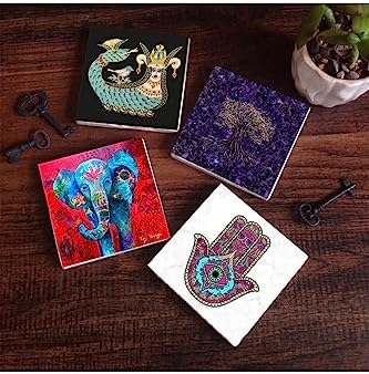 Alternative view of Hayat Ağacı, Fil, Fatma Ana Eli , Şahmeran Taş Bardak Altlığı Seti - 4 Parça - Dekoratif, Rustik Mutfak Aksesuarı, 10x10 cm, Kaydırmaz Tabanlı, Şık ve Dayanıklı SC252