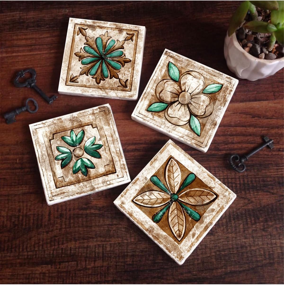 Alternative view of Fas Desenli Taş Bardak Altlığı Seti - 4 Parça - Dekoratif, Rustik Mutfak Aksesuarı, 10x10 cm, Kaydırmaz Tabanlı, Şık ve Dayanıklı SC145