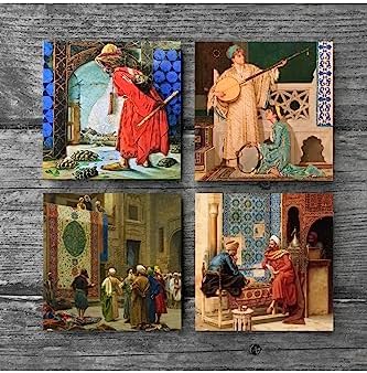Satranç Oyunu, Kaplumbağa Terbiyecisi, İki Müzisyen Kız, Göreme Halı Tüccarı Taş Bardak Altlığı Seti - 4 Parça - Dekoratif, Rustik Mutfak Aksesuarı, 10x10 cm, Kaydırmaz Tabanlı SC141