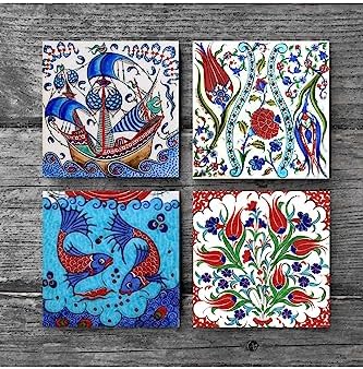 Alternative view of Çini Sanatı Lale, Balık, Yelkenli Gemi Taş Bardak Altlığı Seti - 4 Parça - Dekoratif, Rustik Mutfak Aksesuarı, 10x10 cm, Kaydırmaz Tabanlı, Şık ve Dayanıklı SC221