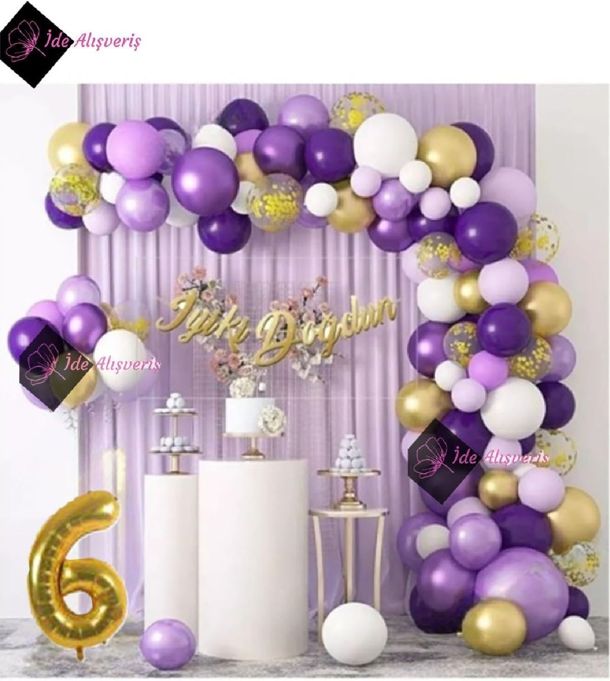 Alternative view of 6 Yaş Macaron Mor Balon Zinciri Seti Gölge Mor Altın Balon Dekorasyon bmcNM768