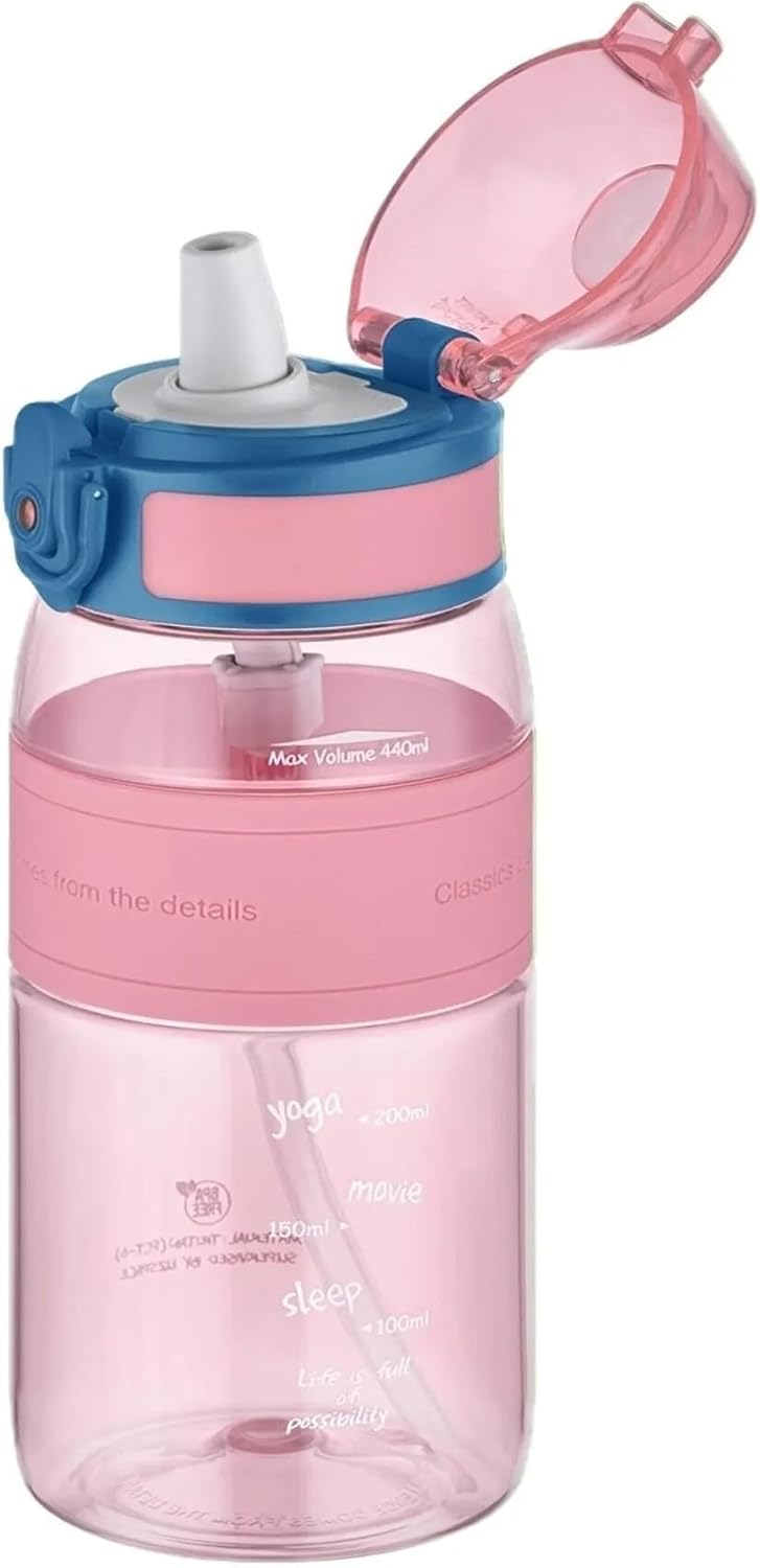 440ml Mini Boy Silikon Gövde Pipetli (Isırılmaz) Tritan Su Matarası (Pembe)