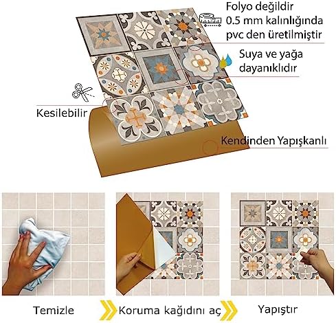 Kendinden Yapışkanlı Çıkartması, Zemin Duvar Kaplama, Yapışkanlı Kaplama PVC Apricot Desenli 30x30 cm (11 Adet / 1 m²)