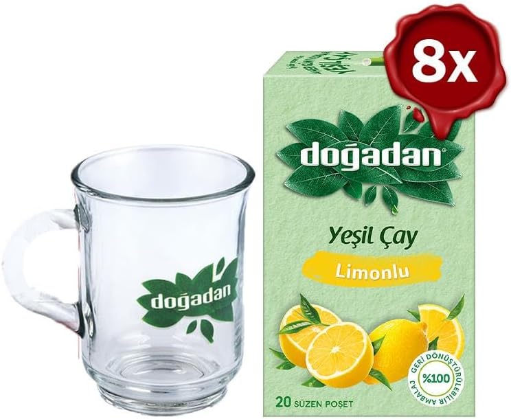 Doğadan Yeşil Çay Limonlu 20'li x 8 ve Doğadan Cam Bardak Hediyeli