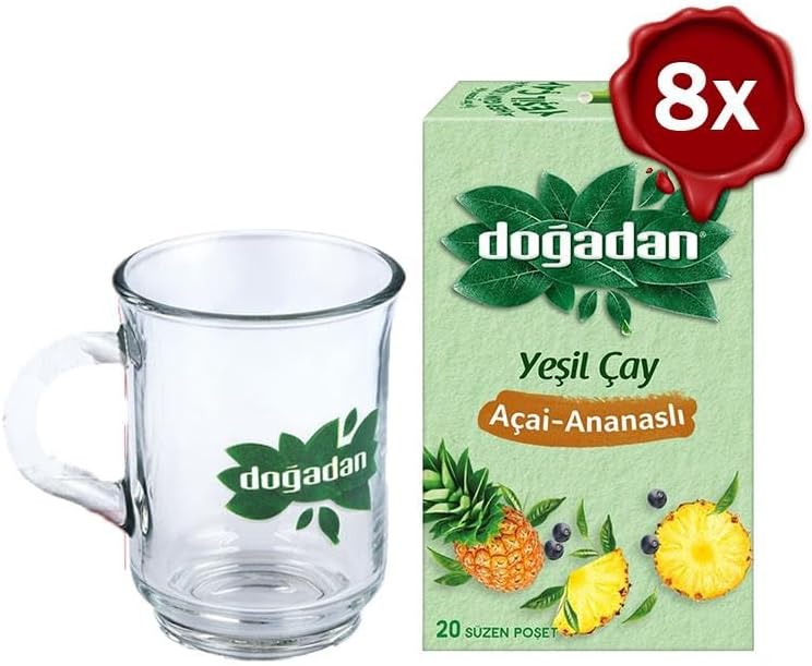 Yeşil Çay Açai Ananaslı Bardak Poşet Çay x 8 ve Doğadan Cam Bardak Hediyeli