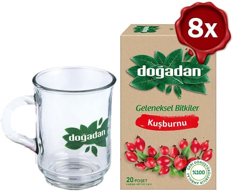 Doğadan Kuşburnu Çayı 20'li x 8 ve Doğadan Cam Bardak Hediyeli