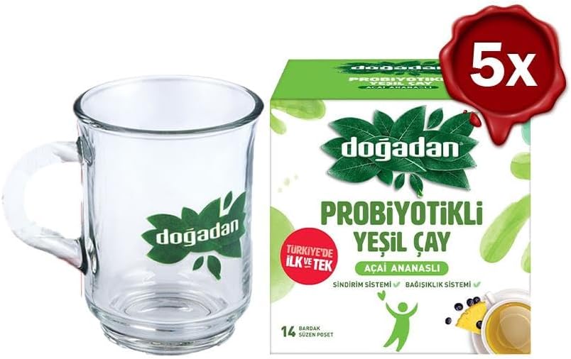 Doğadan Probiyotikli Yeşil Çay Açai Ananaslı 14'lü x 5 ve Doğadan Cam Bardak Hediyeli