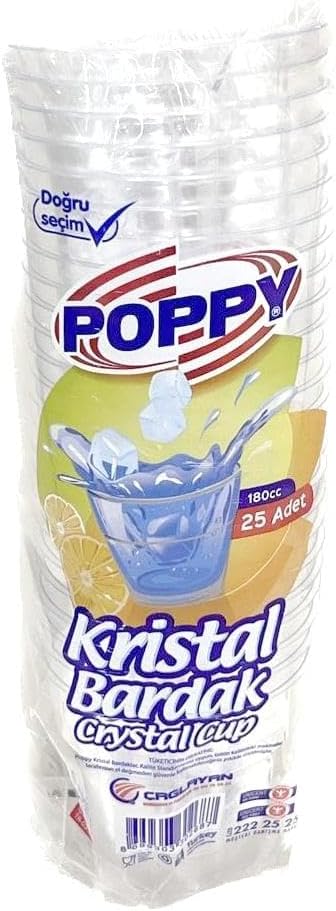 Poppy Şeffaf Plastik Kristal Bardak - 180 Cc. - 180 Ml. - 25 Adetlik 1 Paket