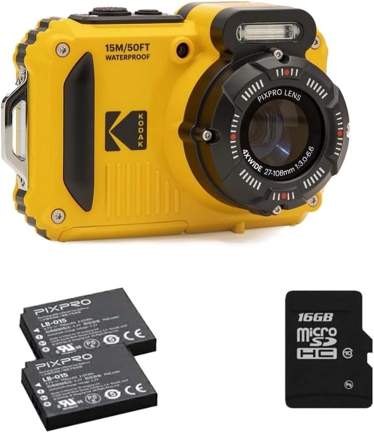 KODAK PIXPRO WPZ2 15M Su Geçirmez Fotoğraf Makinesi - 2 Lityum Pil + 16GB SD Kart - 16MP, 4x Optik Zoom, 1080P Full HD Video (Sarı)