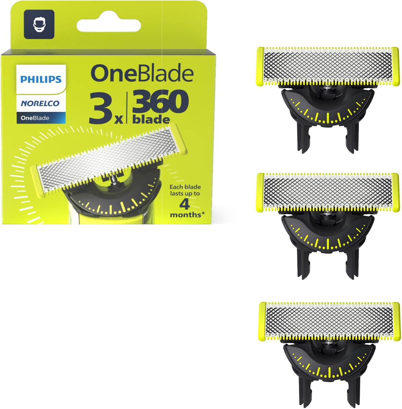 Norelco OneBlade 360 Bıçaklar, OneBlade Elektrikli Tıraş Makinesi ve Düzeltici için Orijinal Yedek Bıçaklar, Dayanıklı Paslanmaz Çelik, Döşeme, Kenar ve Tıraş, 3'lü Paket, Model QP430/80