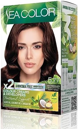 SEA COLOR Amonyaksız, Vegan, Doğal, Besleyici Kalıcı Saç Boyası%100 Beyaz Kapama (1 PAKET 2 x 50 ml Boya & OKSİDAN) (Çikolata 5.77)
