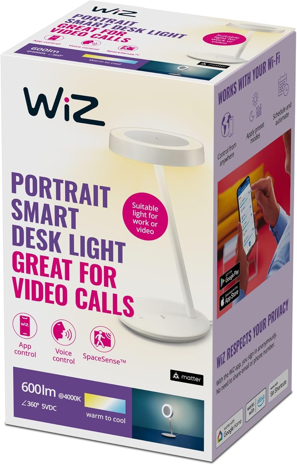 WiZ Portre masa lambası ayarlanabilir beyaz, farklı beyaz tonları seçimi, kısılabilir, ev ofisinde video aramaları için uygundur, Wi-Fi üzerinden uygulama/ses üzerinden akıllı kontrol, beyaz