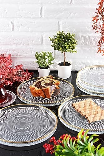 Marsilya Cam Pasta-Kek-Tatlı Tabağı 6'lı Şeffaf/Kenarı Altın Yaldızlı-21 cm
