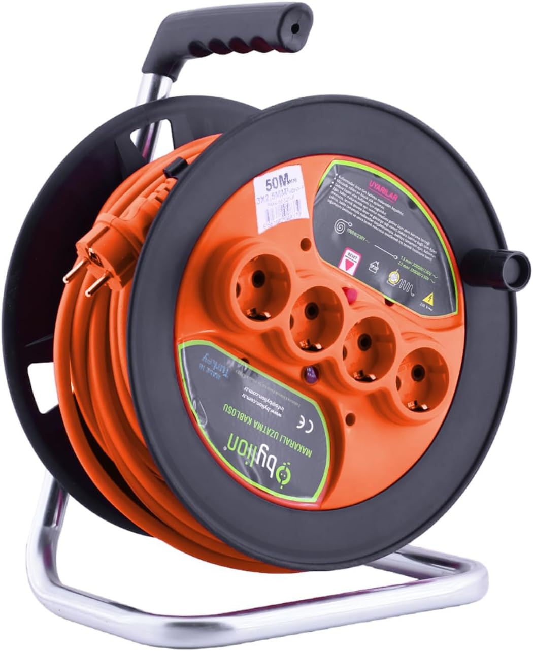 IP20 Plastik Makaralı Seyyar 4 Prizli Uzatma Kablosu 3x2.5 mm CCA Kablo 50 Metre Termal Sigorta