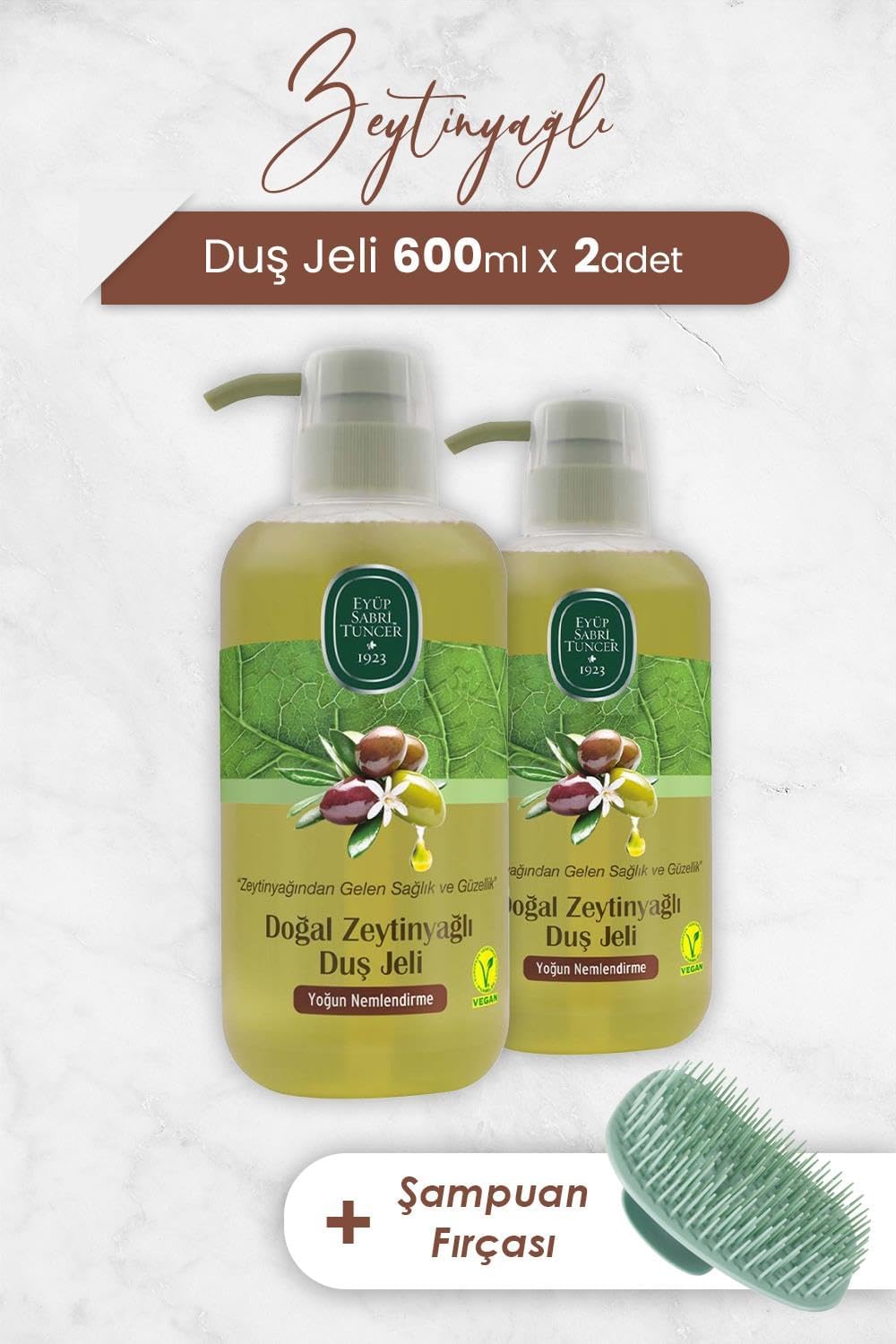 Zeytinyağlı Duş Jeli 600 ml x 2 Adet ve Şampuan Fırçası