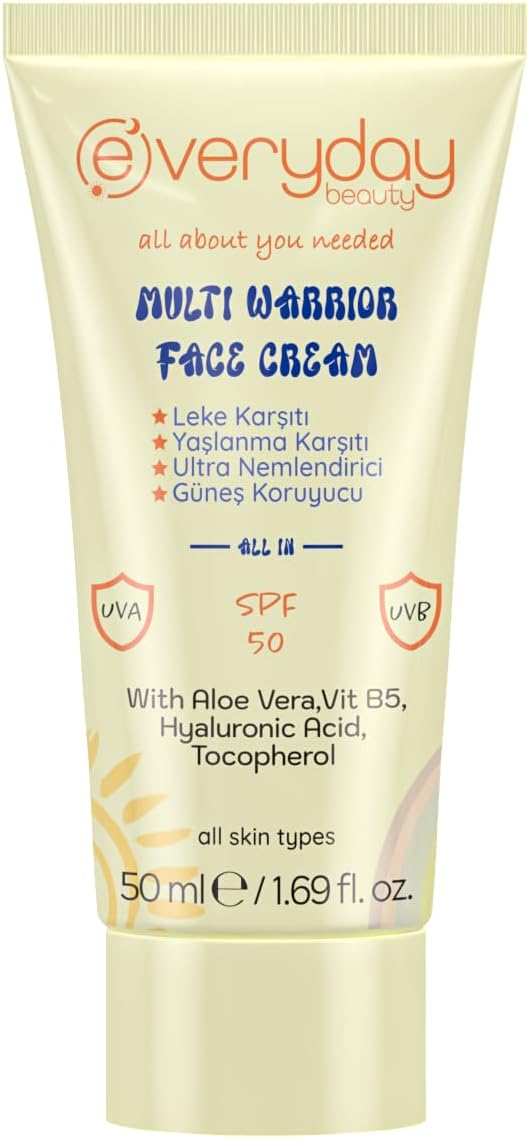 Beauty Multi Warrior SPF50 Leke ve Yaşlanma Karşıtı Nemlendirici UVA - UVB Güneş Koruma 4 Etkili Yüz Kremi 50ml, Tüm Ciltler için
