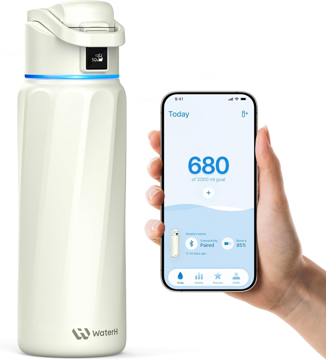 WATERH Boost Yalıtımlı Paslanmaz Çelik Akıllı Su Şişesi, 32 oz Bluetooth Akıllı İzleyici ve İçki Hatırlatma (Beyaz)