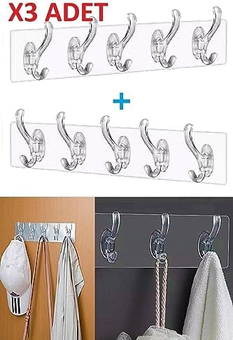 -3 Adet Kendinden Yapışkanlı Güçlü Şeffaf 5'li Askılık - Kapı Arkası Mutfak Duvar Banyo Askı