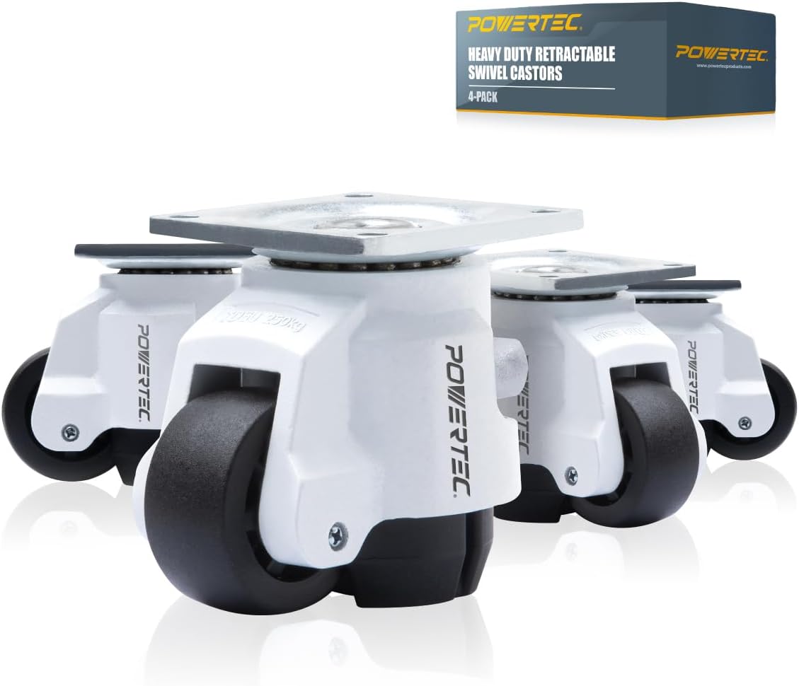 POWERTEC 17300 5 cm Tesviye Tekerleri 4'lü Set, Ayarlanabilir Cırcır Saplı Ağır Hizmet, Geri Çekilebilir