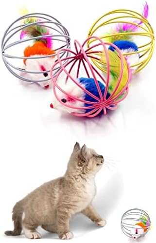 -Renkli Metal Kafesli Peluş Fareli Kedi Köpek Oyuncağı Oyun Topu 6 cm
