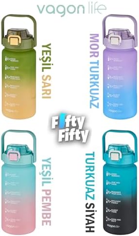1500ml -Yenilenen Renkler- Pipetli/Pipetsiz Kullanım Çift Renk Motivasyon Matarası Çıkartma Hediyeli