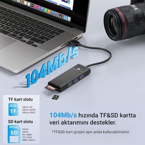 Alternative view of Type-C to 3.0 TF SD Kart Okuyucu 3 Portlu USB 3.0 Çoklayıcı Adaptör Siyah
