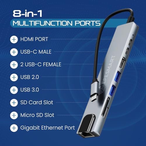 8 Portları 1 Arada USB C Hub Adaptörü, 4K HDMI, Şarj Cihazı, USB C Bağlantı Noktaları, SD/Micro SD Kart Okuyucular, Ethernet Bağlantı Noktası, M1 ve M2 Mac Bilgisayarlar için, Thunderbolt 3