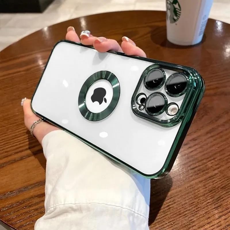 & AKSESUAR 15 Pro Max ile Uyumlu Laser Şeffaf Parlak Arka Yüzey Ve Logo Detaylı Kenarları Silikon Yapıya Sahip Lens Koruyuculu Kılıf (Yeşil)